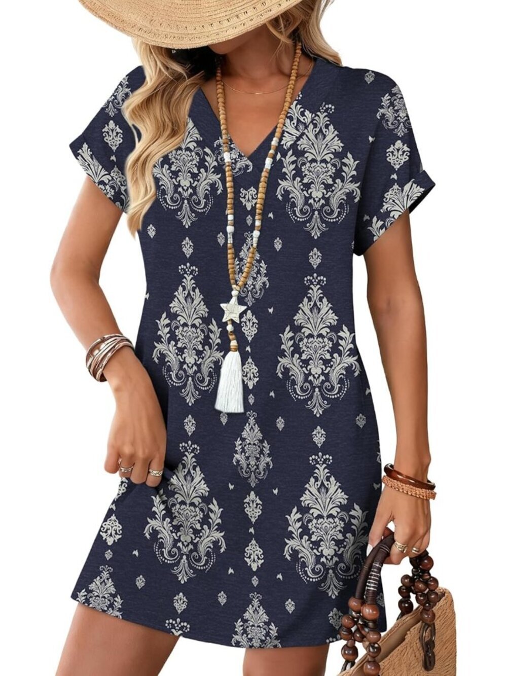 Women's navy Print Dresses Wedding Guest Casual Beach Vacation Summer T Shirt